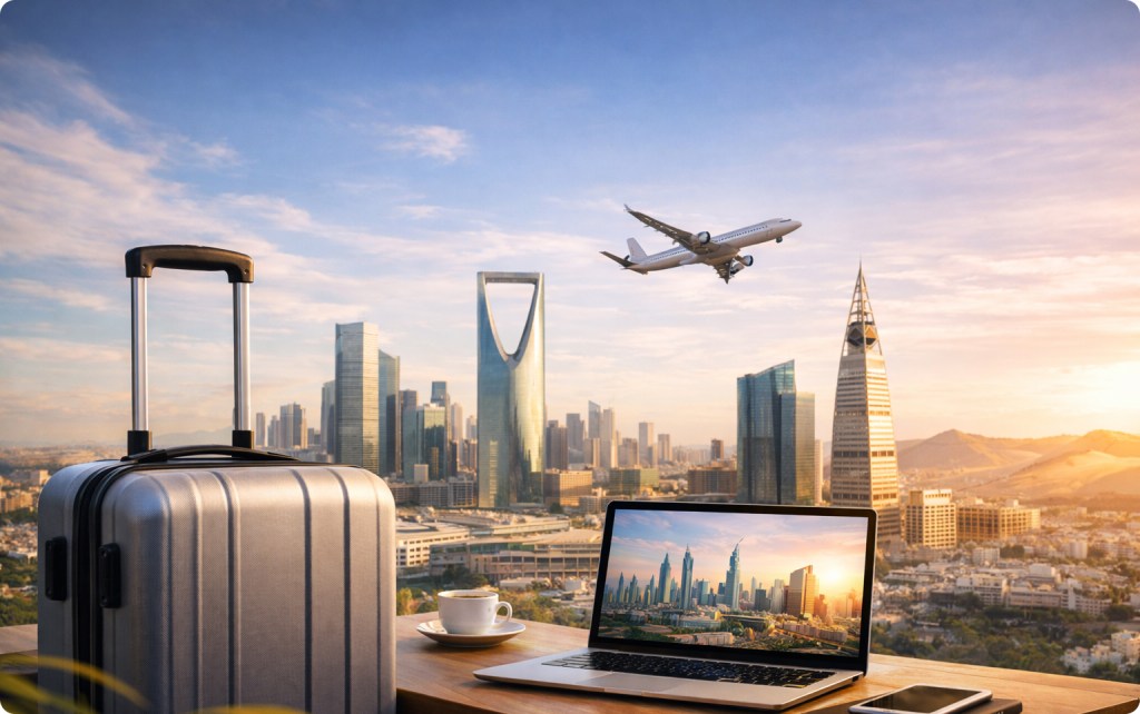 Business travel workspace overlooking Riyadh skyline in Saudi Arabia